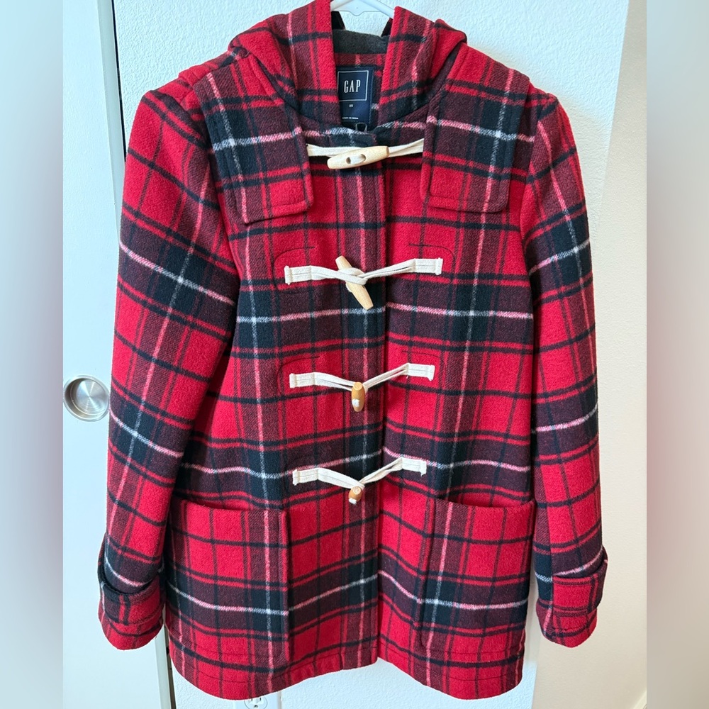Gap red plaid toggle wool coat w/hood XS
